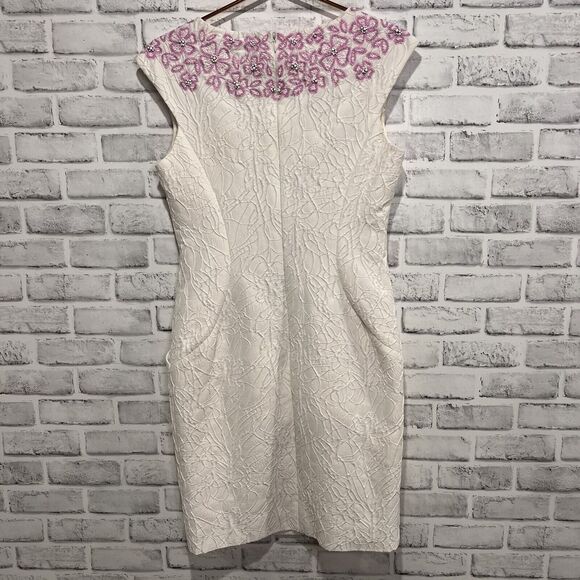 Pamella Roland White Beaded 100% Silk Made In The USA Size 4 Embossed Dress - Picture 6 of 14
